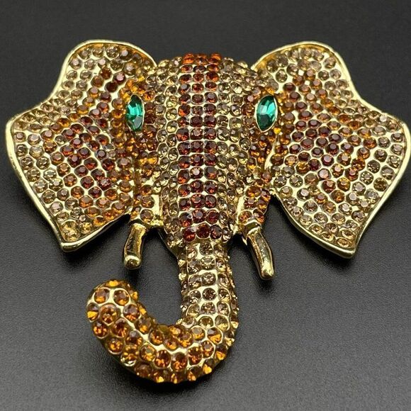Yellow Gold with Champagne Topaz Crystal Tusked Elephant Pin Back Brooch - Picture 2 of 9